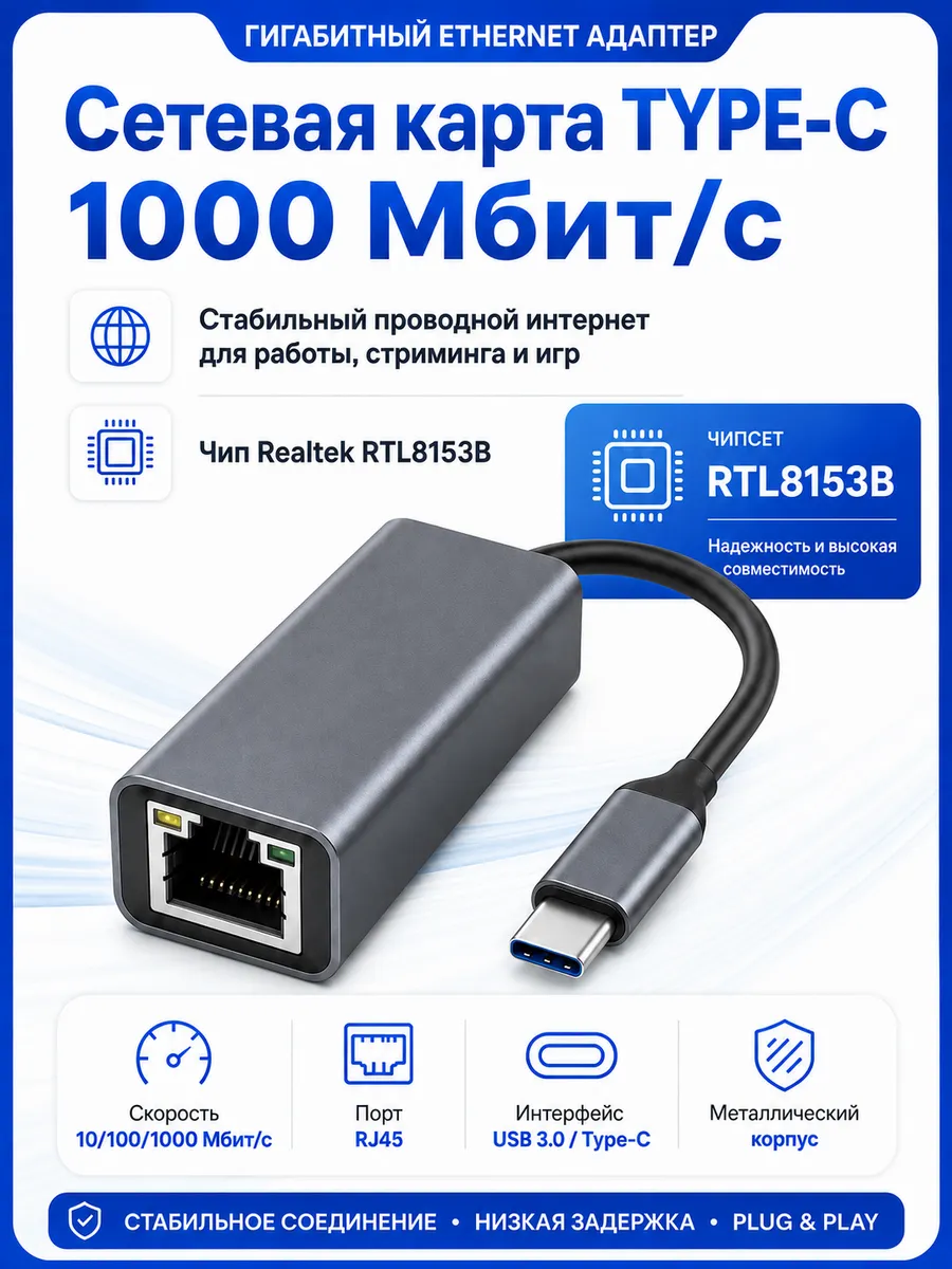 Сетевая карта Type C Ethernet LAN Rj45 100/1000 Mbps