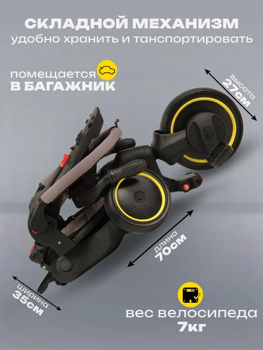 TOPEMOUNT Велосипед трехколесный с ручкой складной CLICK, розовый, серый, фото 3