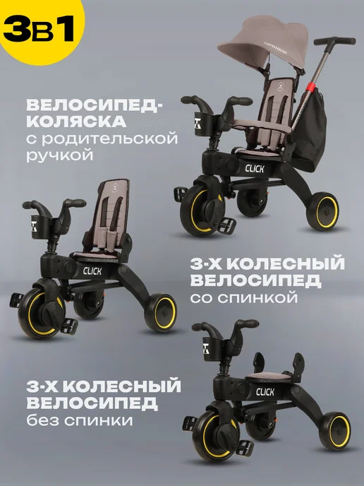 TOPEMOUNT Велосипед трехколесный с ручкой складной CLICK, розовый, серый, фото 4