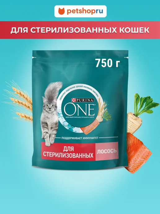 Сухой корм PURINA ONE Кошек для собак, взрослые, стерилизованные, лосось, 0,75 кг