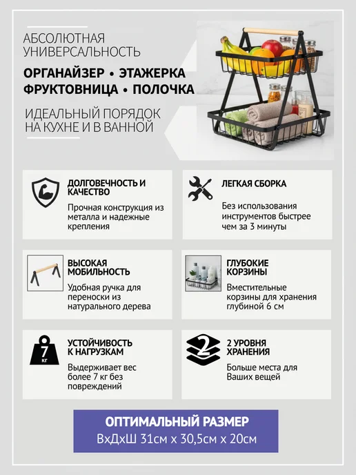 IQДом (Дом с умом) Этажерка для кухни на стол органайзер для ванны, черный, фото 2