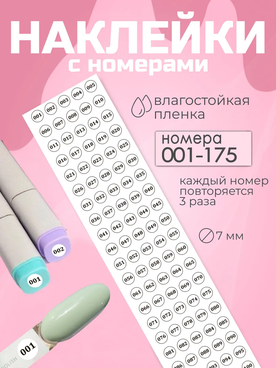 Наклейки с номерами 001-175, круглые 7мм