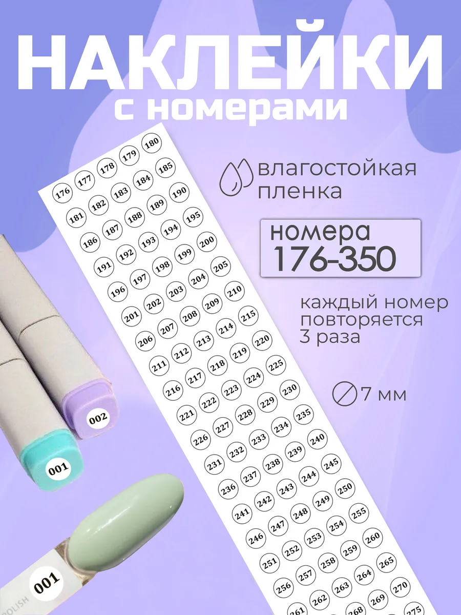 Наклейки с номерами 176-350, круглые 7мм