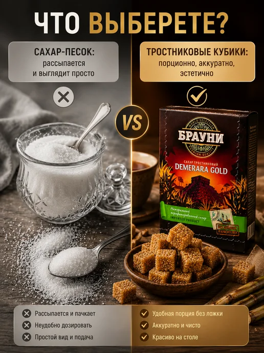 Брауни Сахар тростниковый кусковой кубики Демерара Голд, 2шт, 500 г, фото 7
