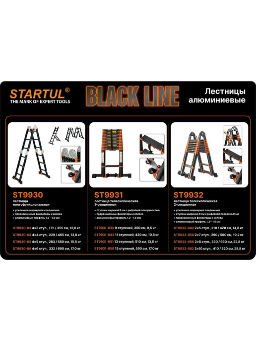 startul Лестница-трансформер алюминиевая 465 см Black Line ST9930-04, черный, фото 8