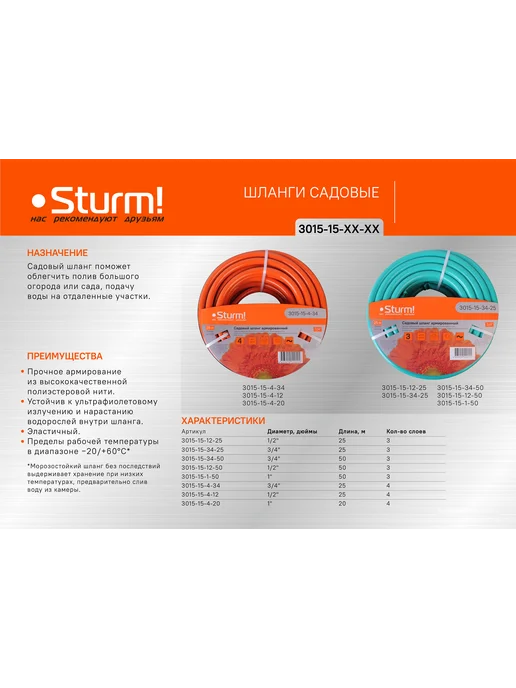 Sturm! Шланг садовый поливочный 1 2", 25 метров, 3015-15-4-12, 25 м, фото 2