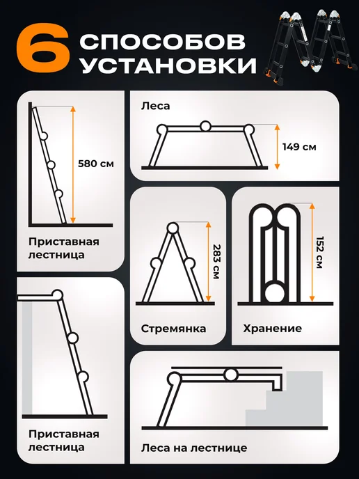 startul Лестница-трансформер алюминиевая 580 см Black Line ST9930-05, черный, фото 2