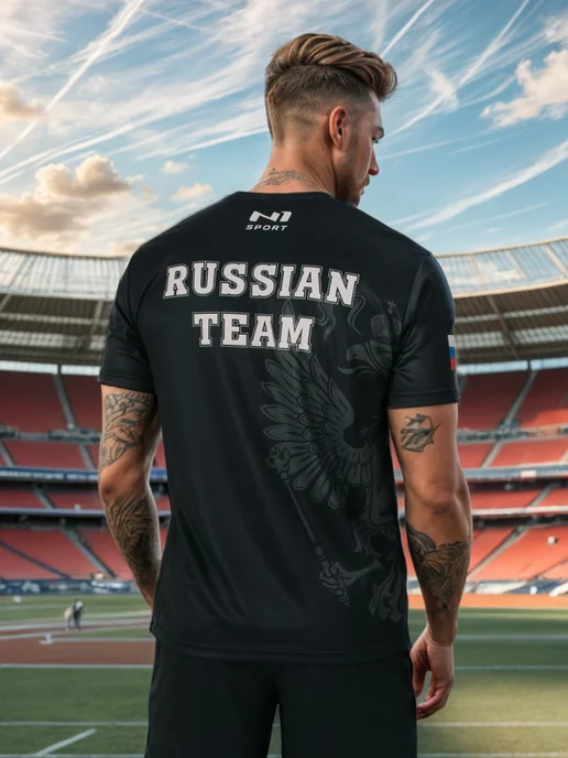 N1Sport Спортивная футболка Россия для тренировок в зале, черный, фото 6
