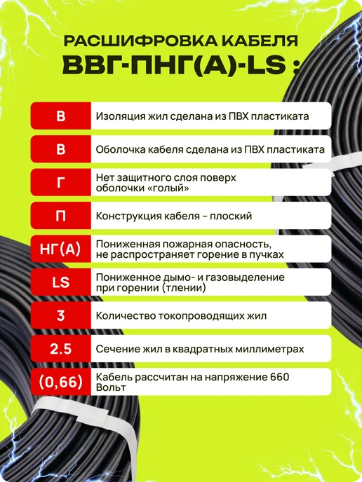 Кабель силовой ВВГ-Пнг(А)-LS 3х2,5 медный 100 м для проводки, 3x2.5, 100 м, фото 6