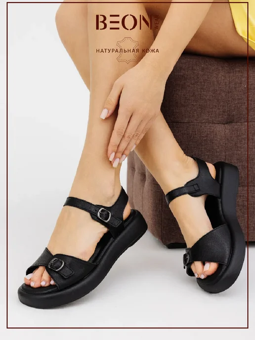 Beon Wear Босоножки летние на каблуке платформе натуральная кожа, черный, фото 3