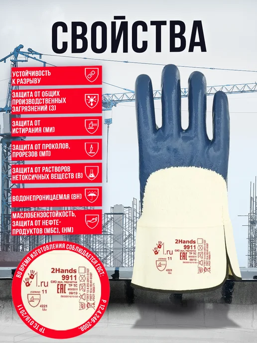 2Hands Перчатки рабочие с нитриловым покрытием, синий, фото 3