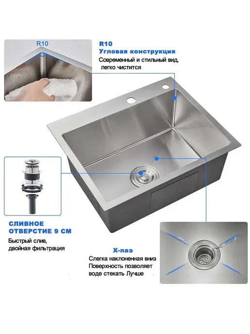 Мойка для кухни нержавеющая сталь 500x500mm, серый, фото 3