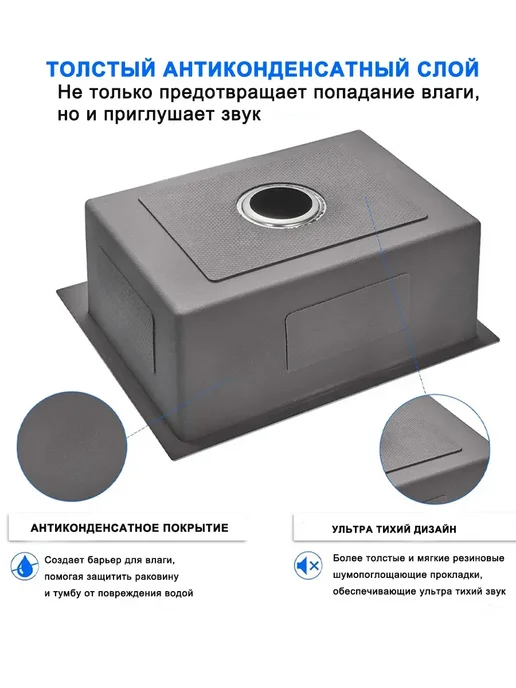 Мойка для кухни нержавеющая сталь 500x500mm, серый, фото 6