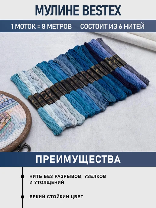 BESTEX Набор мулине хлопок для вышивания Глубокий синий 8м 18шт, 8 м, 18 шт, фото 2